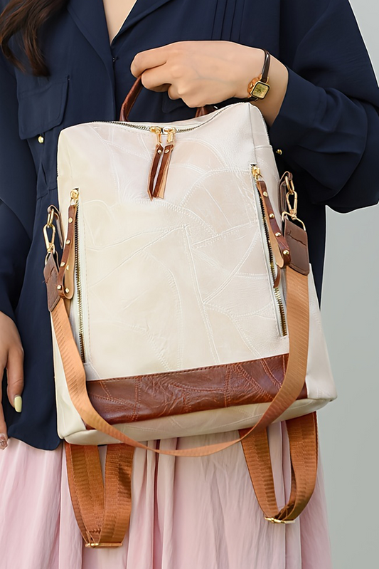 White Multi Compartment Zipper PU Leather Large Capacity Backpack Backpacks JT's Designer Fashion