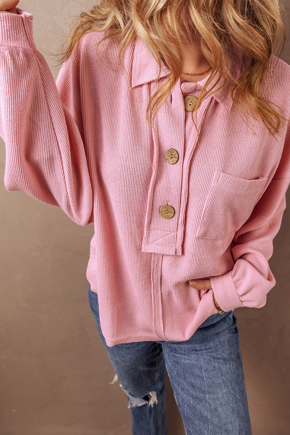 Pink Ribbed Knit Collared Henley Top with Chest Pocket Blouses & Shirts JT's Designer Fashion