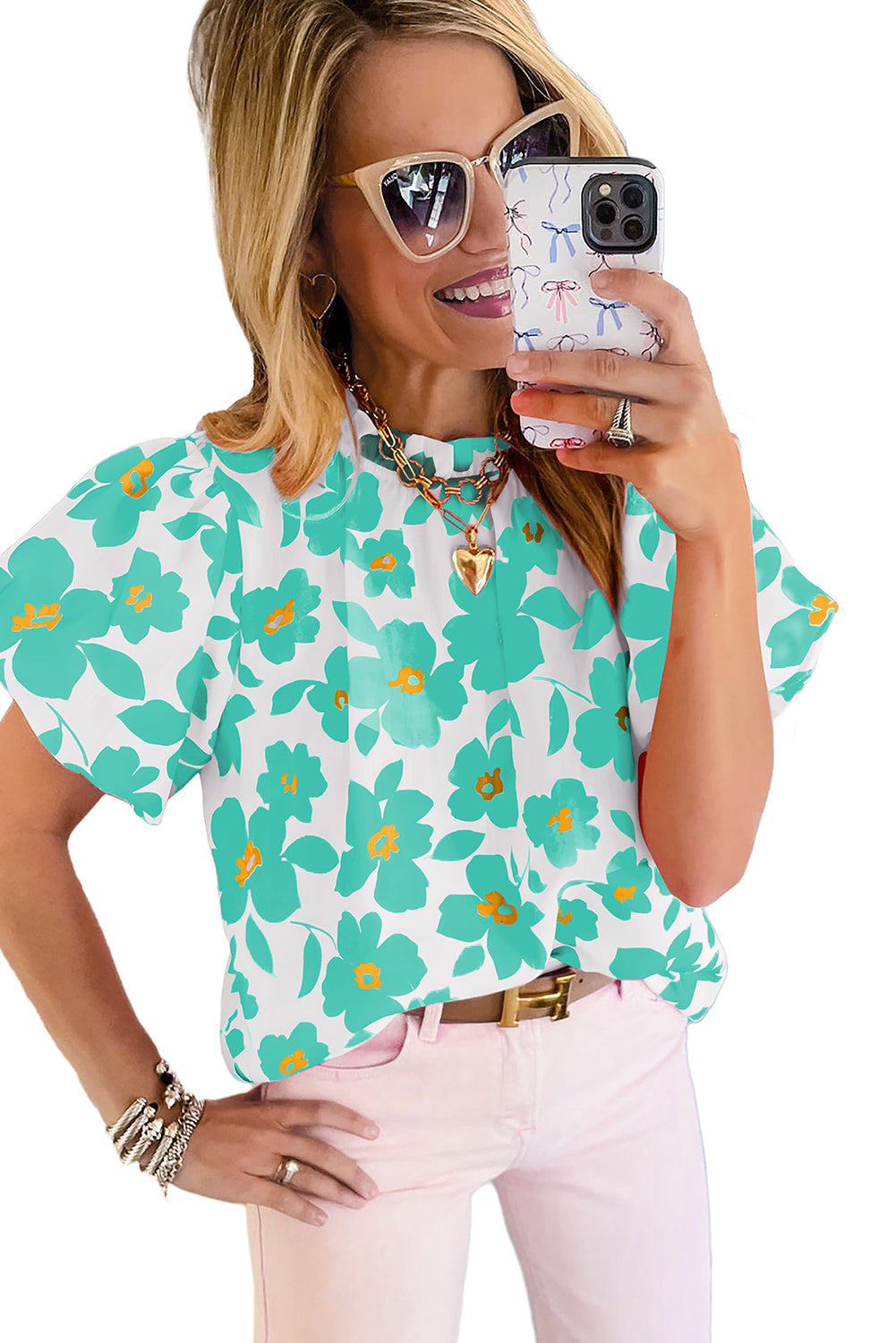 Green Floral Puff Sleeve Frilled Neckline Blouse Tops & Tees JT's Designer Fashion