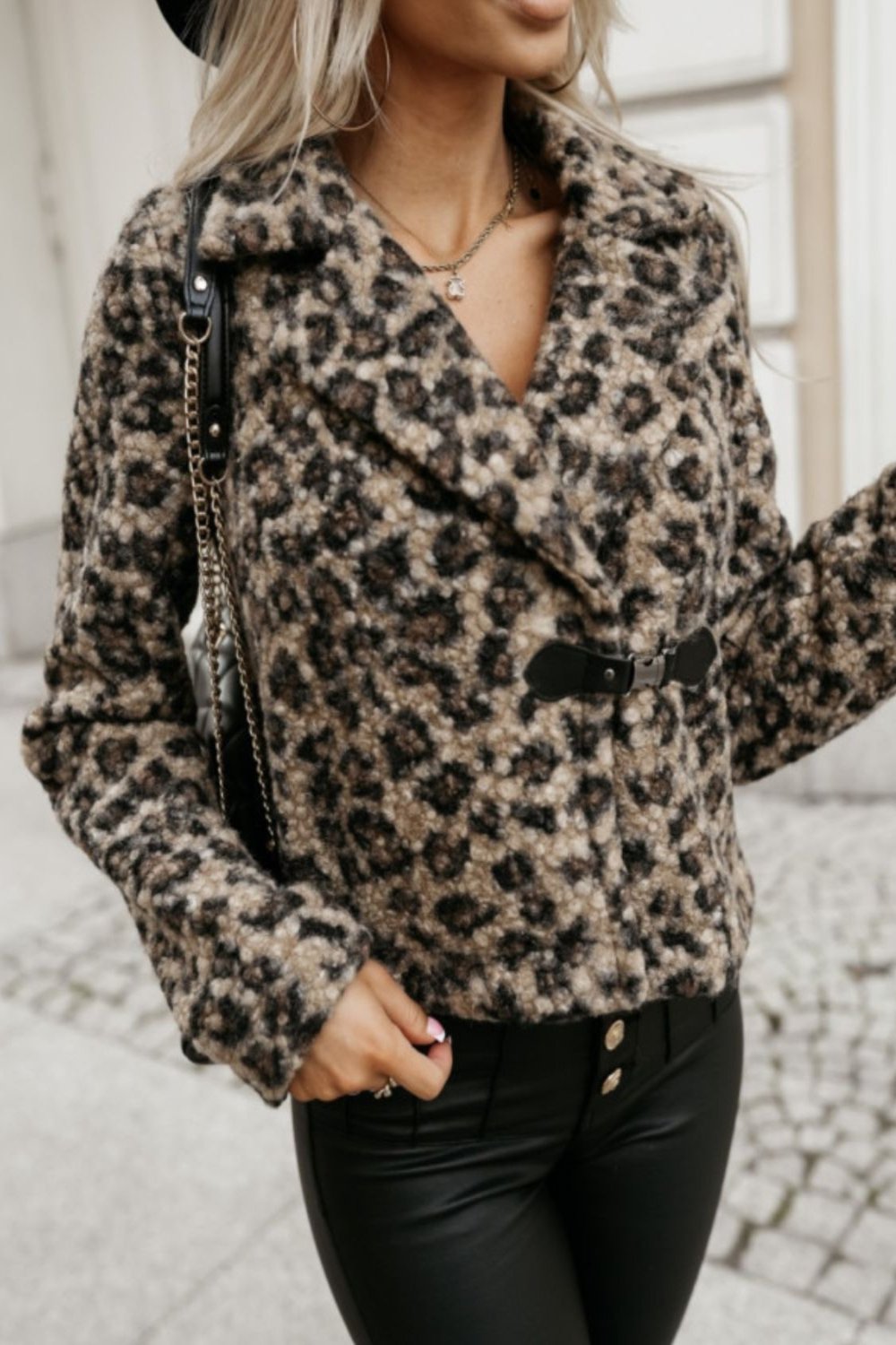 Fuzzy Animal Print Collared Neck Coat Leopard Long Sleeve Tops JT's Designer Fashion