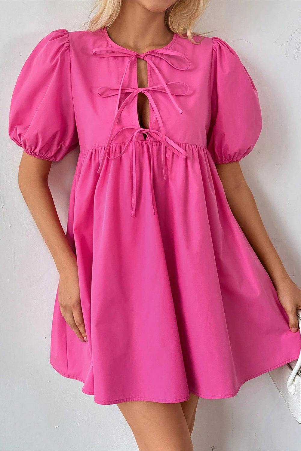 Bright Pink Solid Color Puff Sleeve Tie Front High Waist Mini Dress Mini Dresses JT's Designer Fashion