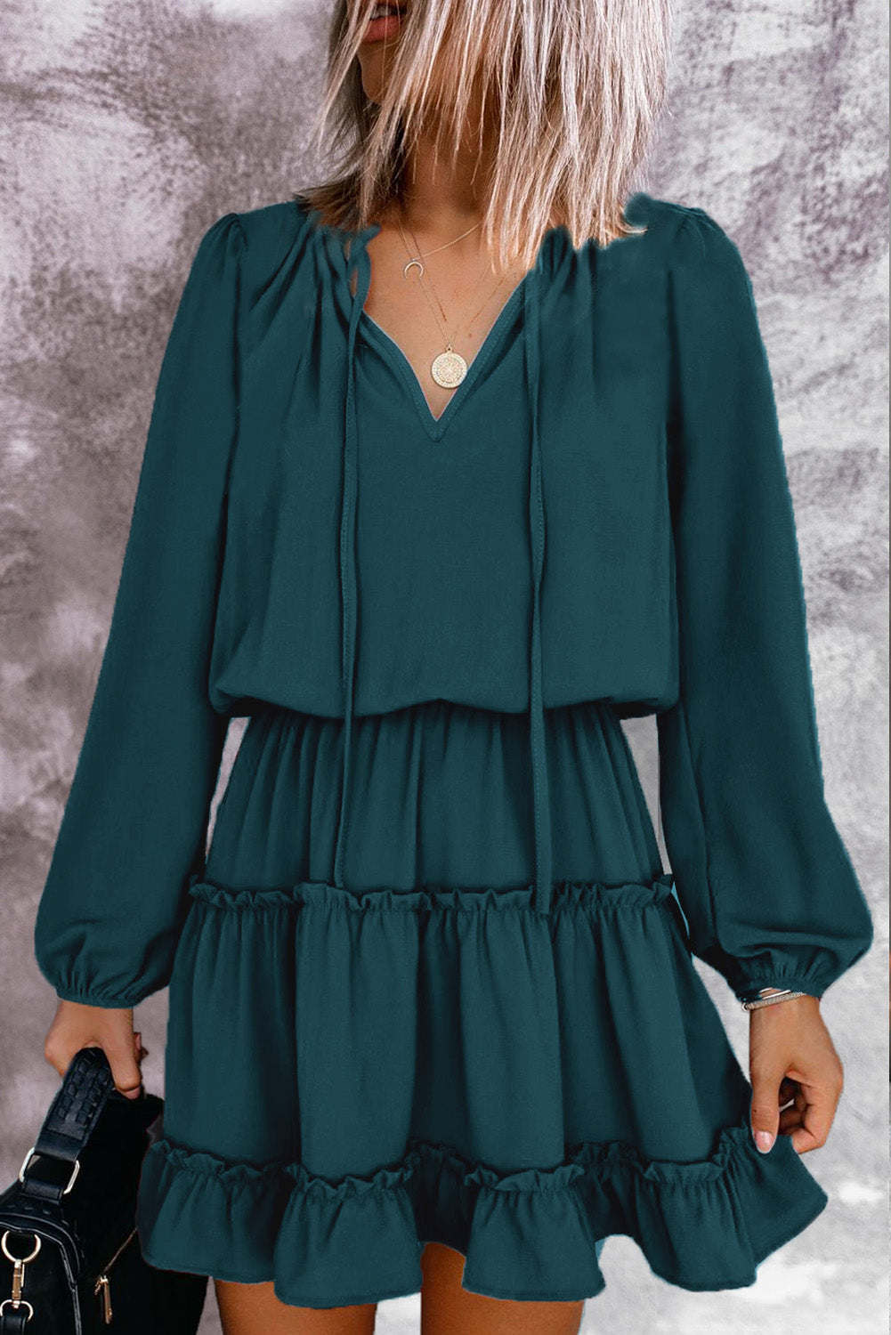 Green V Neck Long Sleeve Ruffle Tiered Mini Dress Mini Dresses JT's Designer Fashion