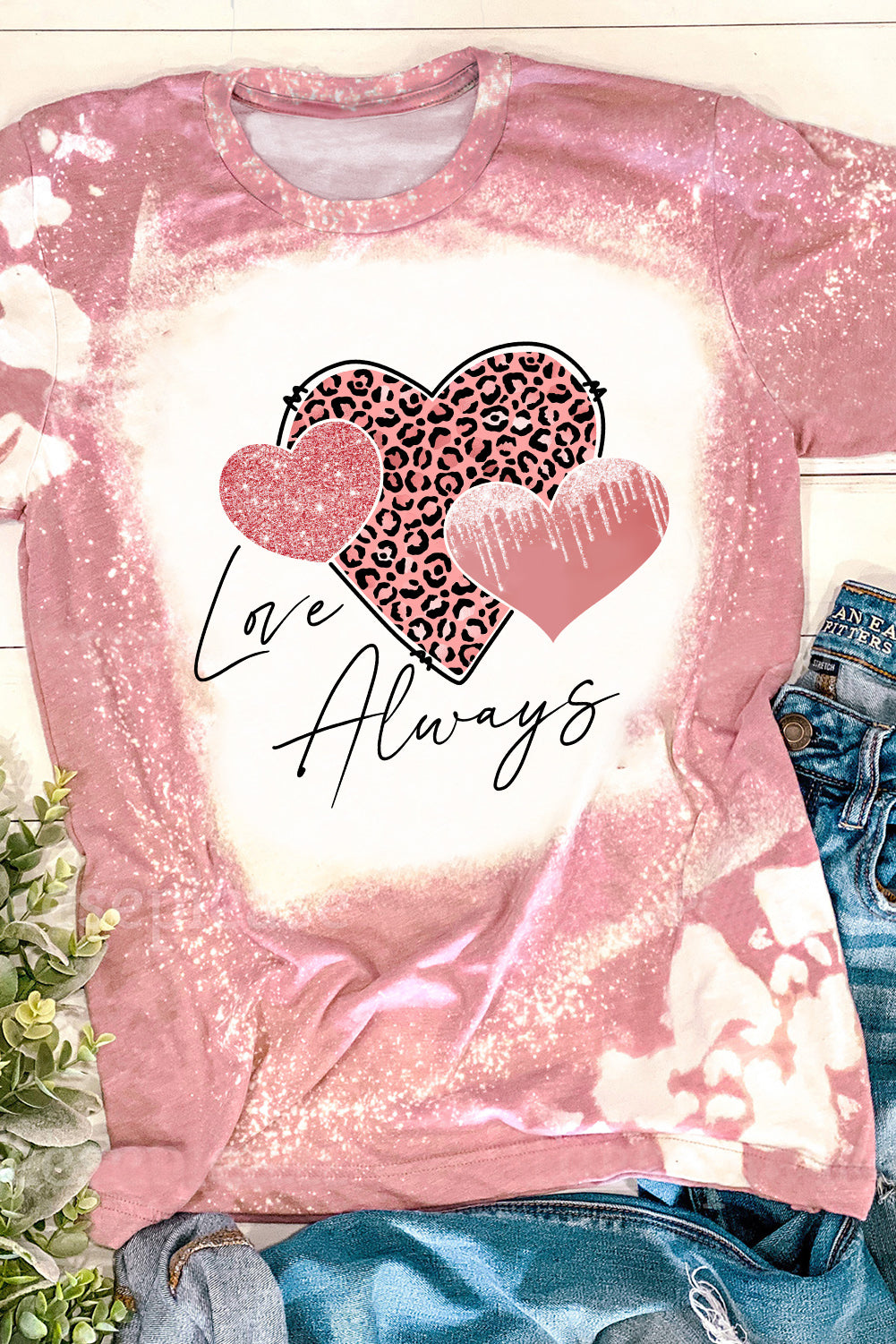 Pink Love Always Heart Leopard Bleached Graphic T Shirt Graphic Tees JT's Designer Fashion