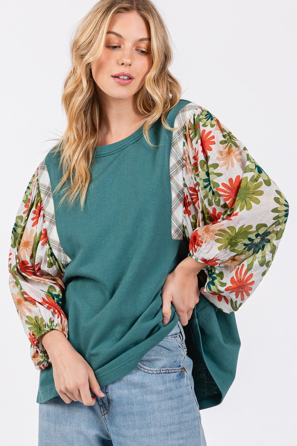 SAGE + FIG Full Size Printed Balloon Sleeve Contrast Top Blouses & Shirts JT's Designer Fashion