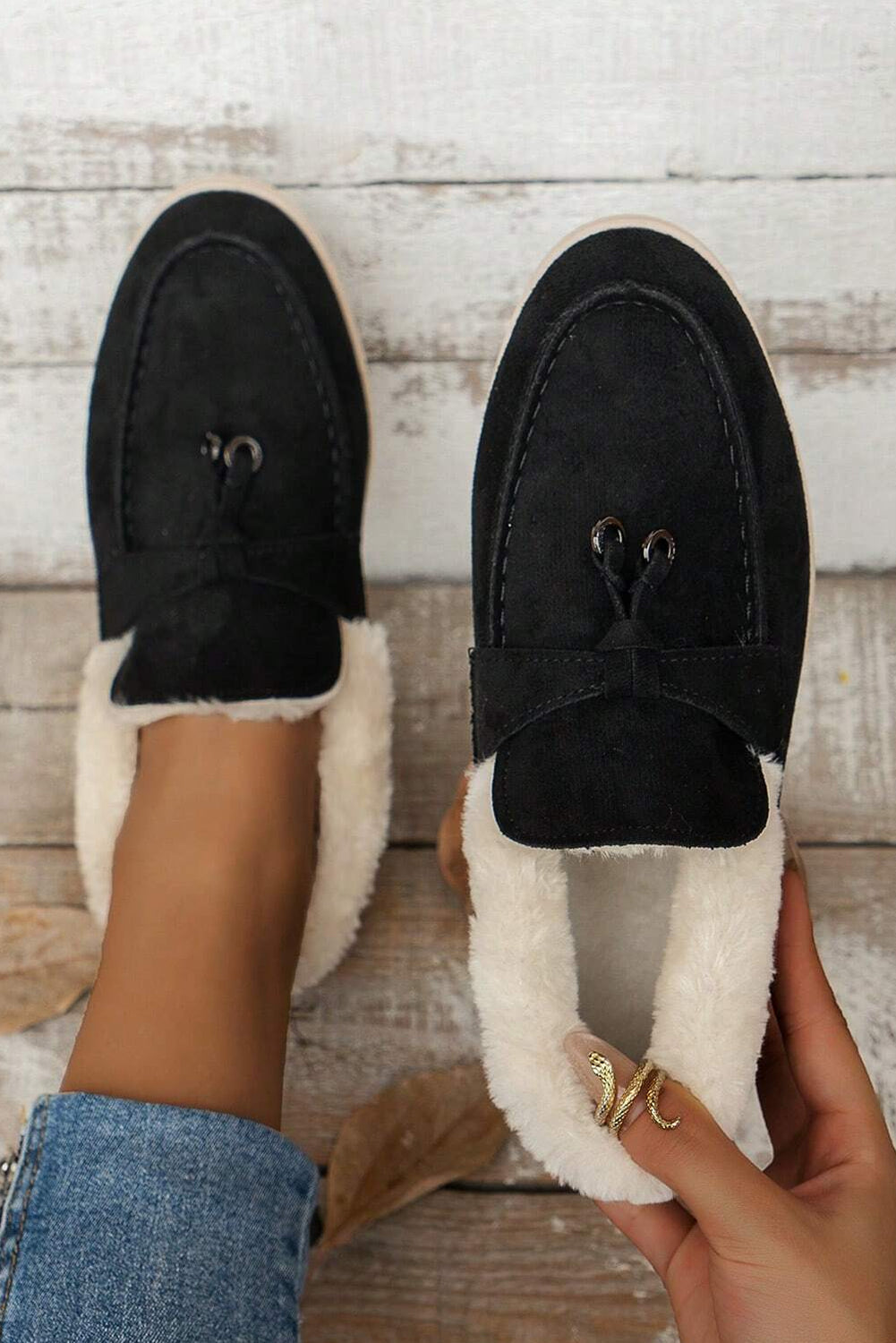 Black Suede Furry Lined Slip on Flat Shoes Women's Shoes JT's Designer Fashion