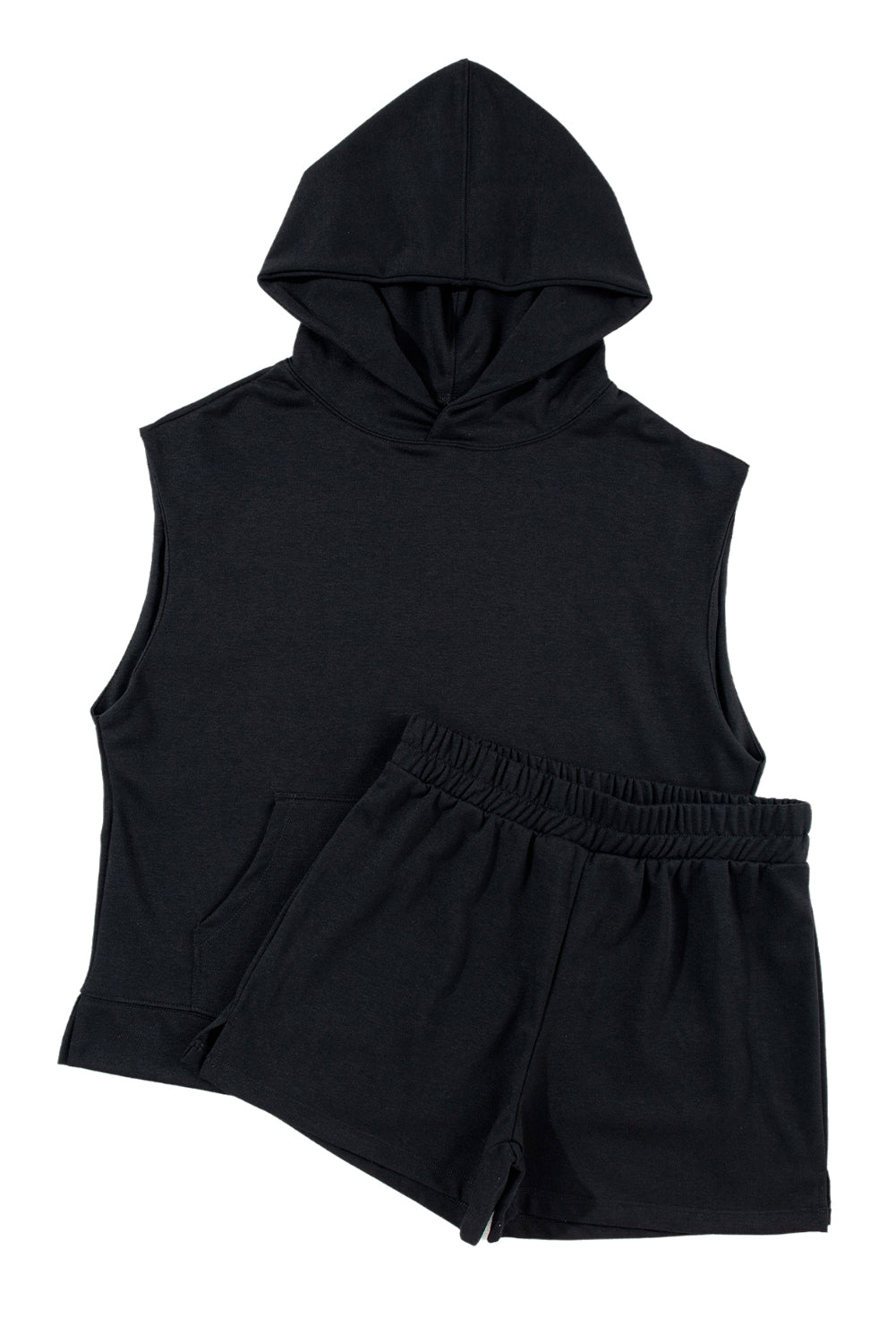 Black Solid Color Sleeveless Hoodie and Shorts Set Short Sets JT's Designer Fashion