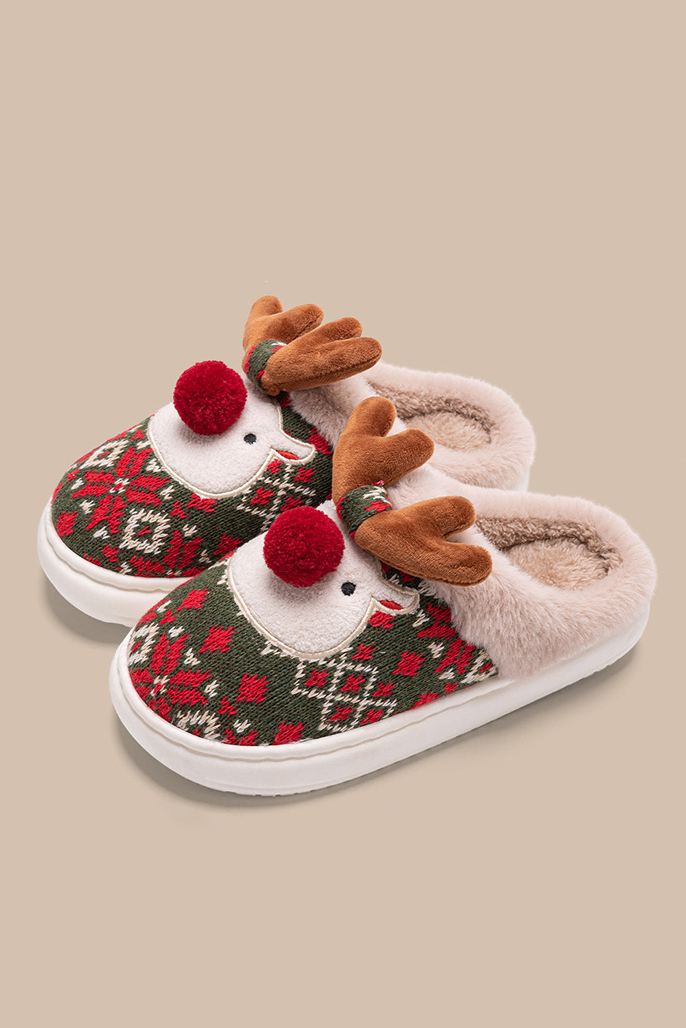 Dark Green Christmas Cartoon Reindeer Plush Home Slippers Slippers JT's Designer Fashion