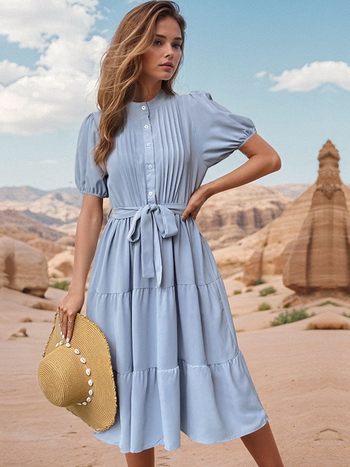 Tie Waist Puff Sleeve Midi Dress Midi Dresses JT's Designer Fashion