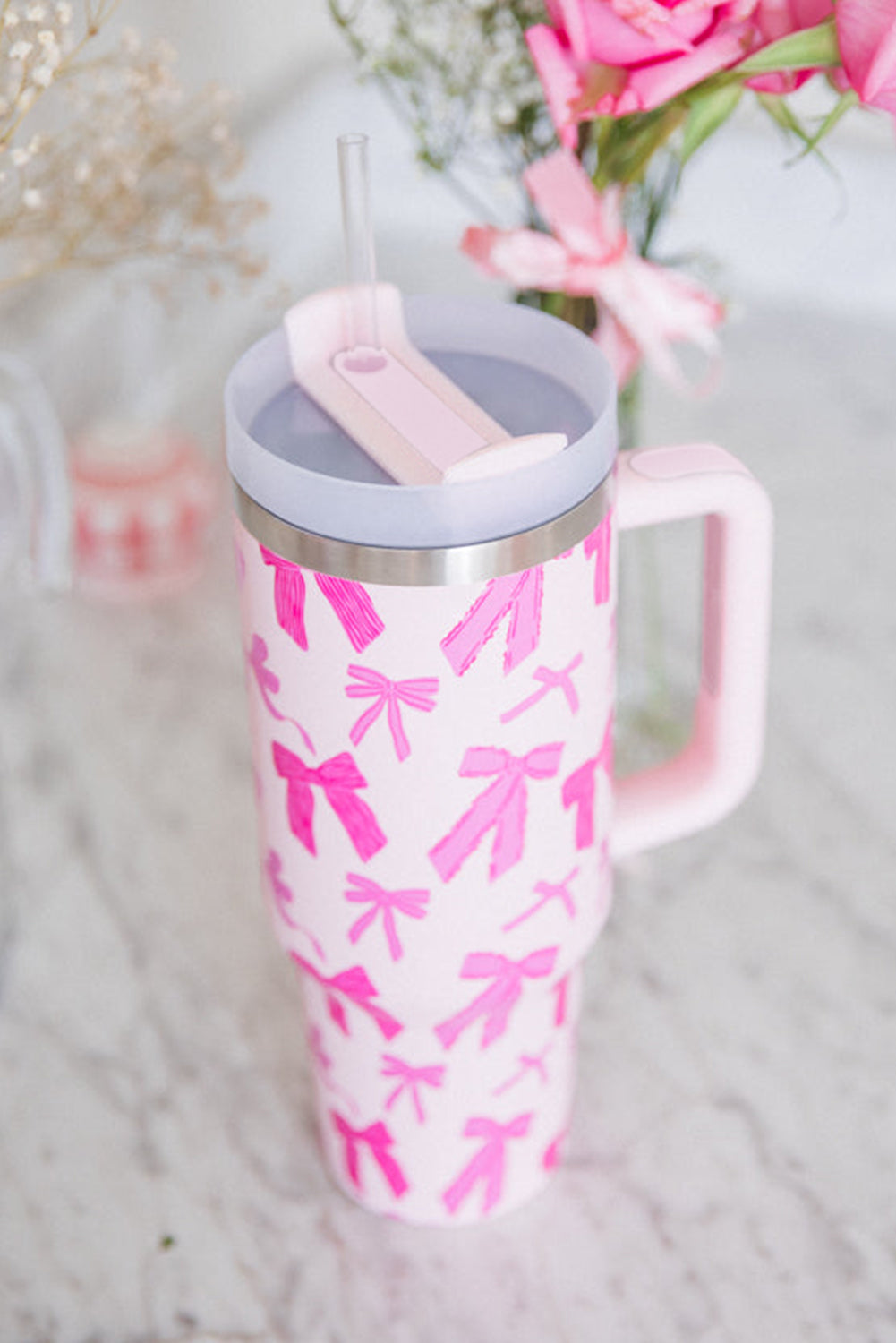 Pink Cute Bowknot Printed Tumbler with Handle 40oz Tumblers JT's Designer Fashion