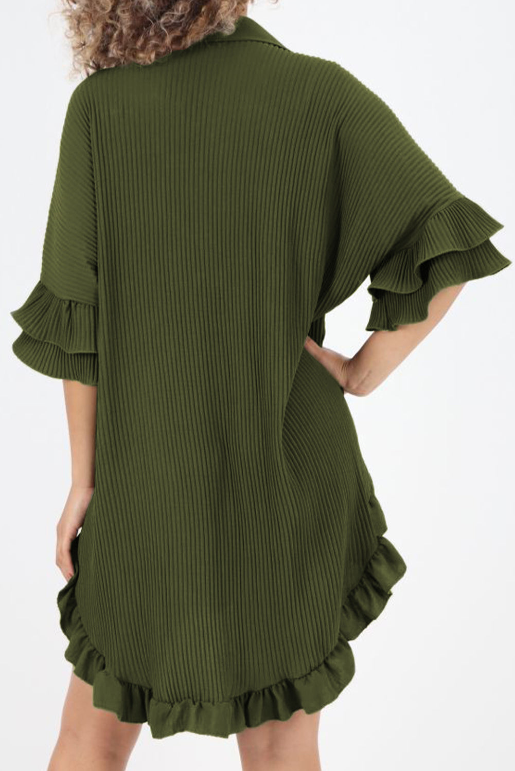 Moss Green High-low Hem Ruffle Sleeve Pleated Shirt Dress Mini Dresses JT's Designer Fashion