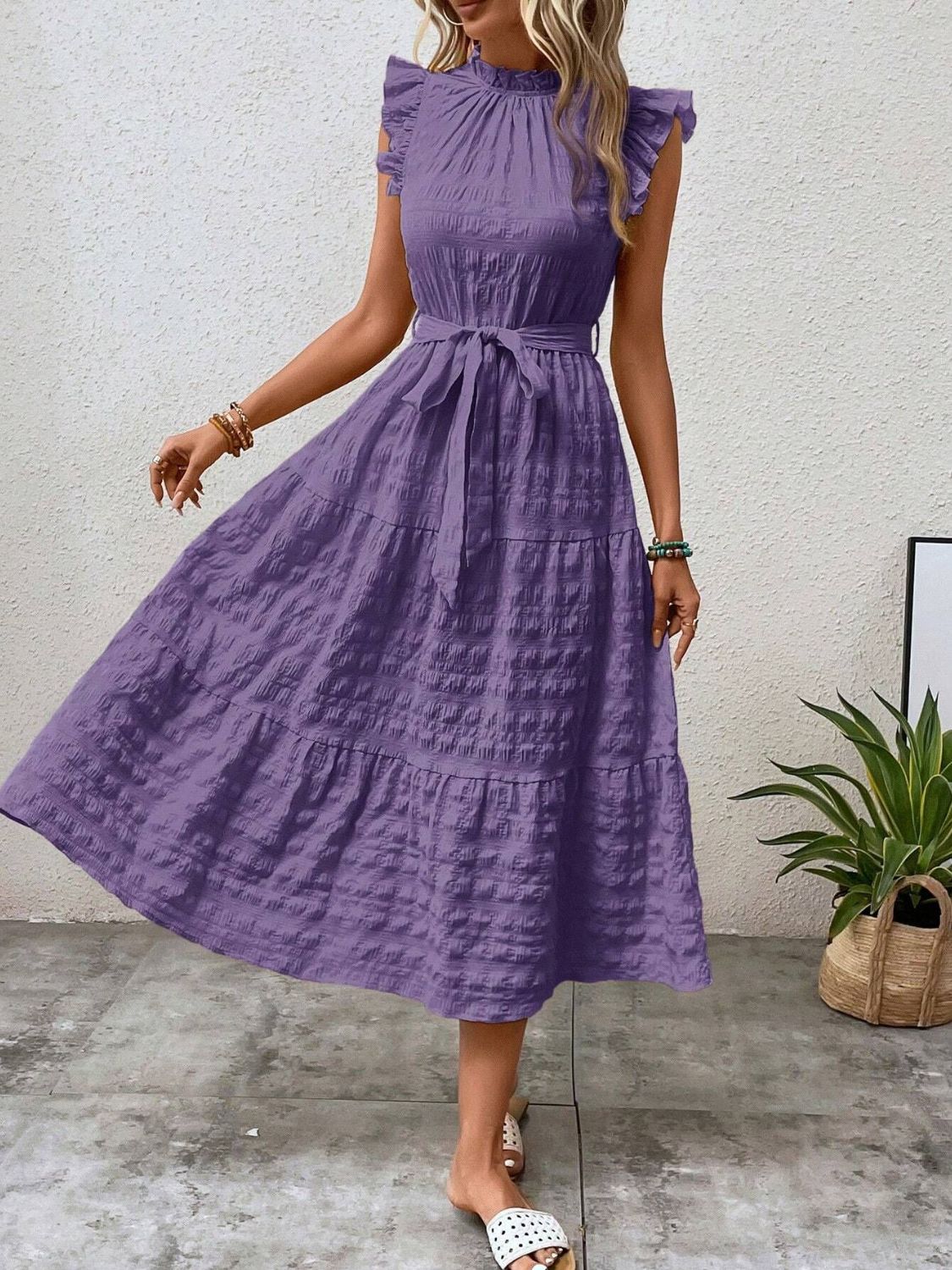 Tied Ruffled Cap Sleeve Midi Dress Midi Dresses JT's Designer Fashion