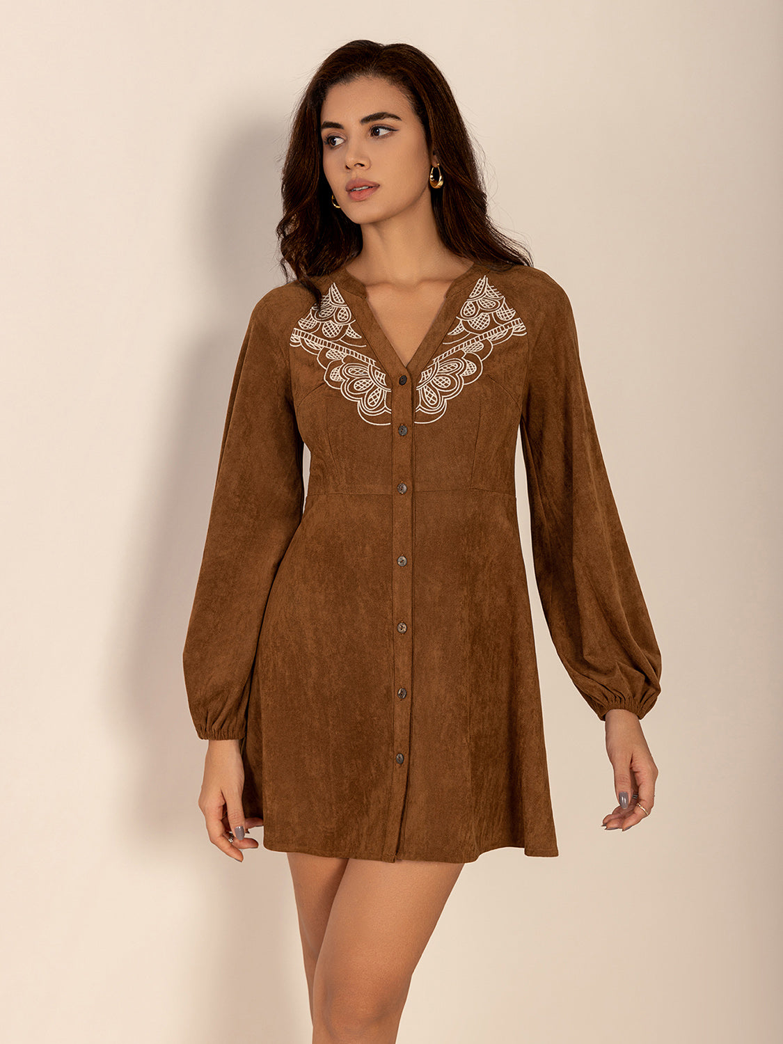 Notched Button Down Long Sleeve Mini Dress Mini Dresses JT's Designer Fashion