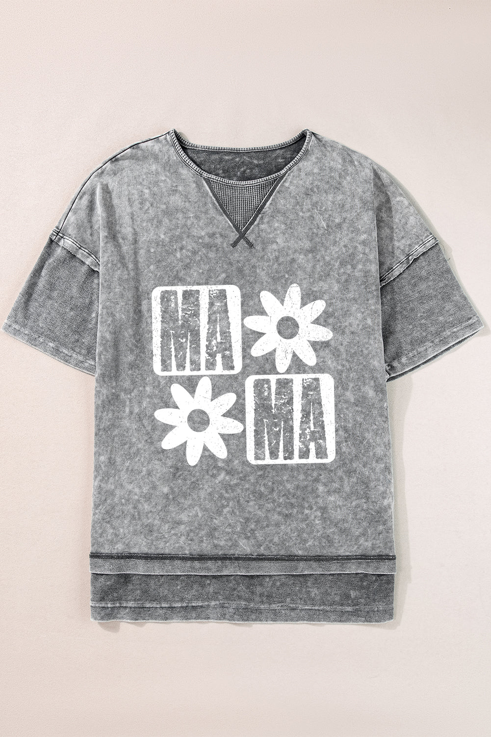 Philippine Gray MAMA Daisy Flower Graphic Mineral Wash Drop Shoulder Vintage Tee Graphic Tees JT's Designer Fashion
