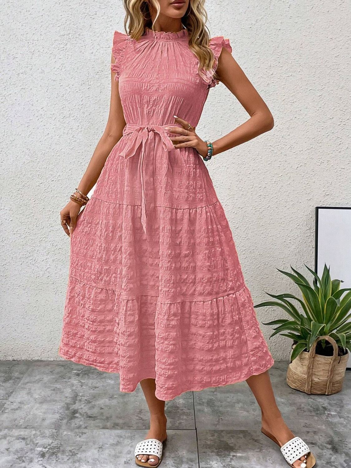 Tied Ruffled Cap Sleeve Midi Dress Midi Dresses JT's Designer Fashion