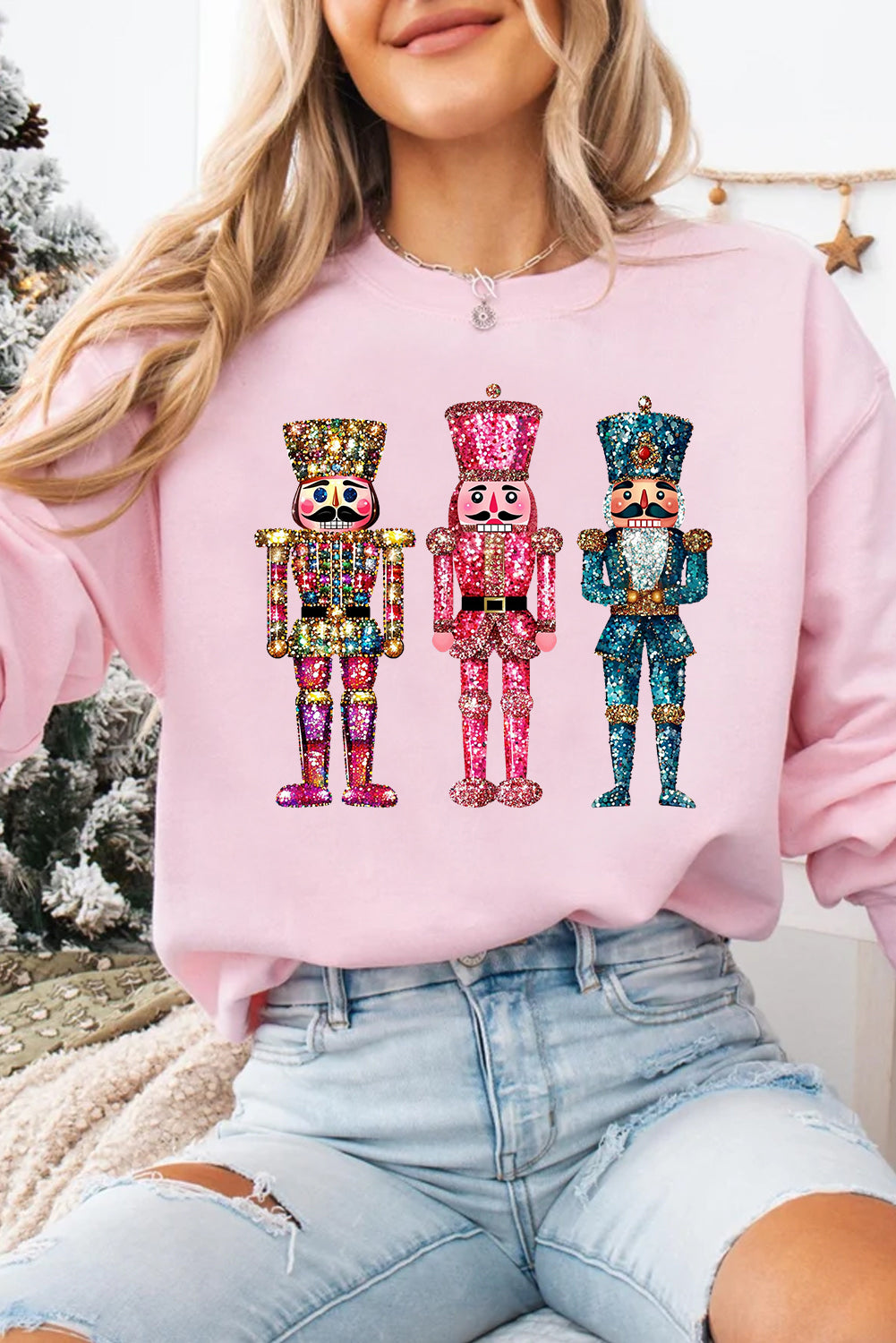 Pink Shimmer Nutcracker Graphic Christmas Pullover Sweatshirt Graphic Sweatshirts JT's Designer Fashion