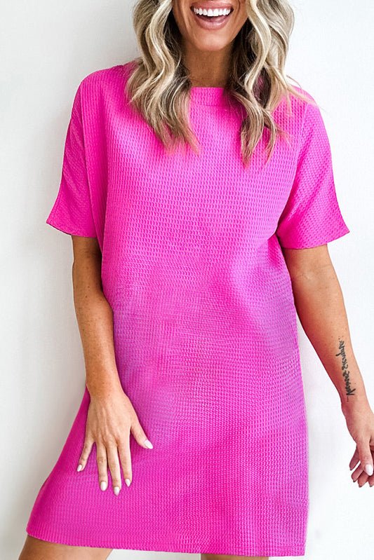 Bright Pink Textured Knit Short Sleeve Shift Dress Dresses JT's Designer Fashion