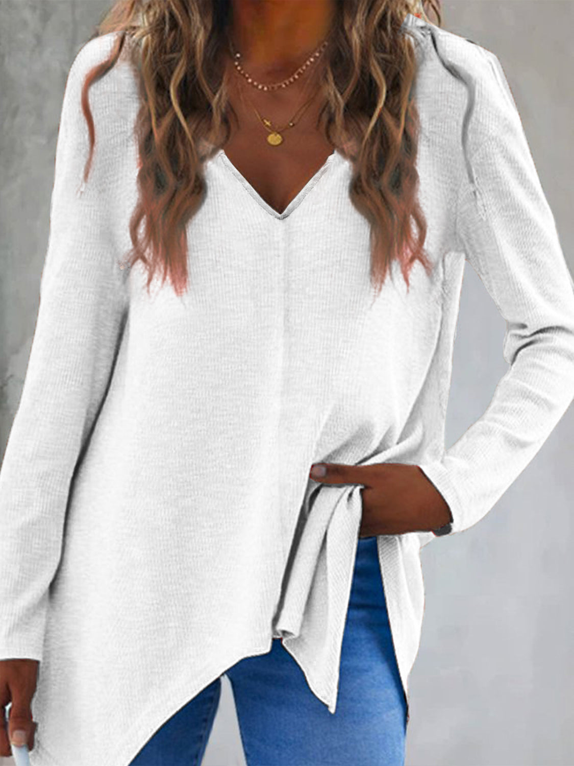 Full Size V-Neck Long Sleeve T-Shirt White Long Sleeve Tops JT's Designer Fashion