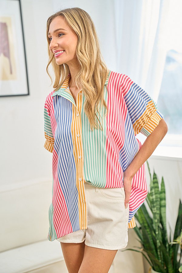 First Love Full Size Striped Button Down Short Sleeve Shirt Blouses & Shirts JT's Designer Fashion