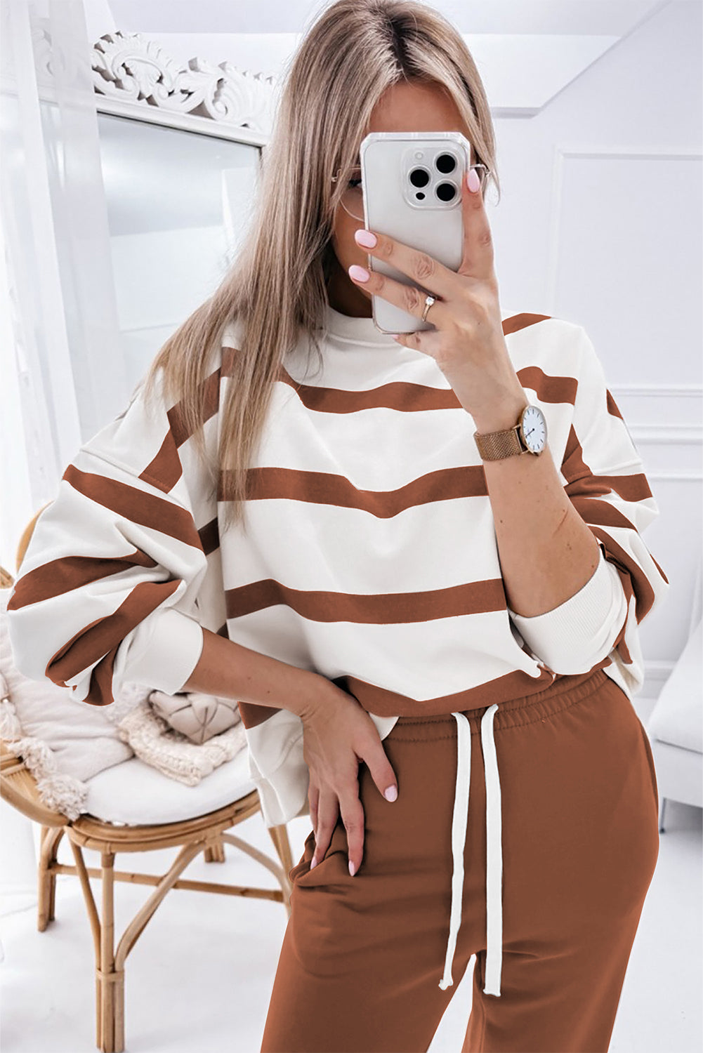 Brown Stripe Striped Drop Shoulder Pullover and Jogger Pants Set Pant Sets JT's Designer Fashion