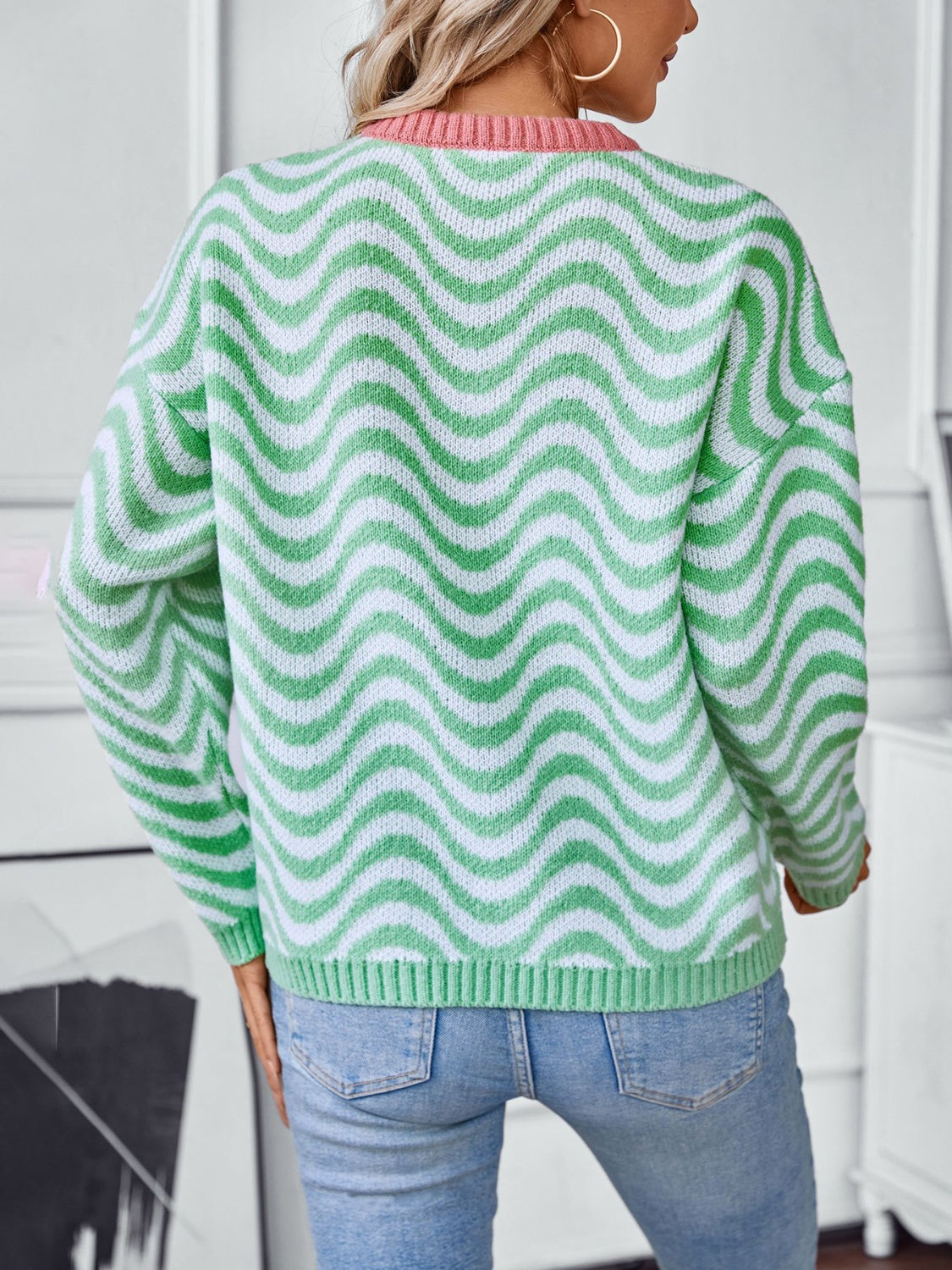 Wavy Stripes Round Neck Long Sleeve Sweater Long Sleeve Tops JT's Designer Fashion