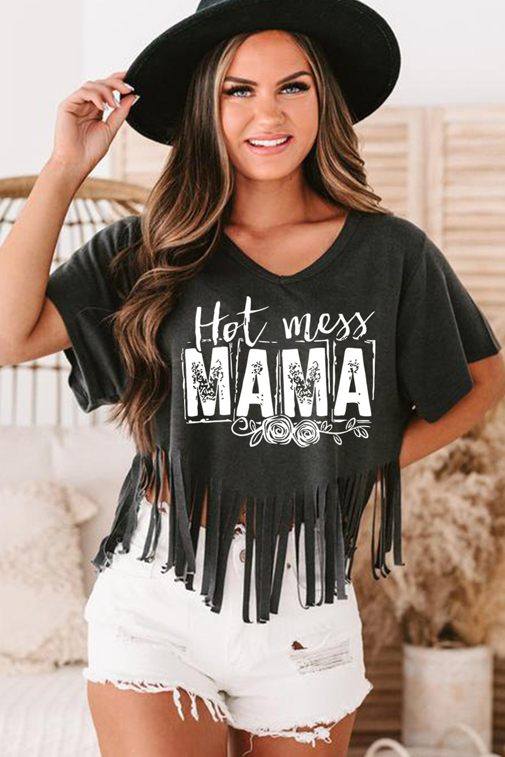 Black MAMA Hot Mess Fringed Hem V Neck T Shirt Graphic Tees JT's Designer Fashion