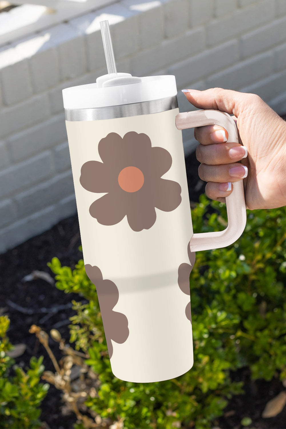 Light French Beige Flower Print Handle Stainless Vacuum 1200ml Tumblers JT's Designer Fashion