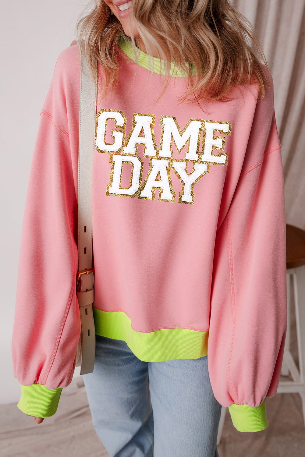 Pink GAME DAY Glitter Color Block Crew Neck Sweatshirt Graphic Sweatshirts JT's Designer Fashion