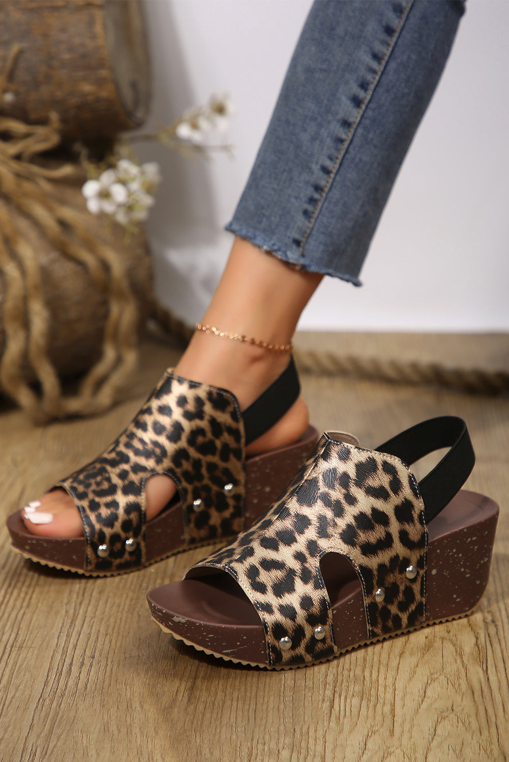 Chestnut Leopard Print Hollow Out Wedge Sandals Sandals JT's Designer Fashion