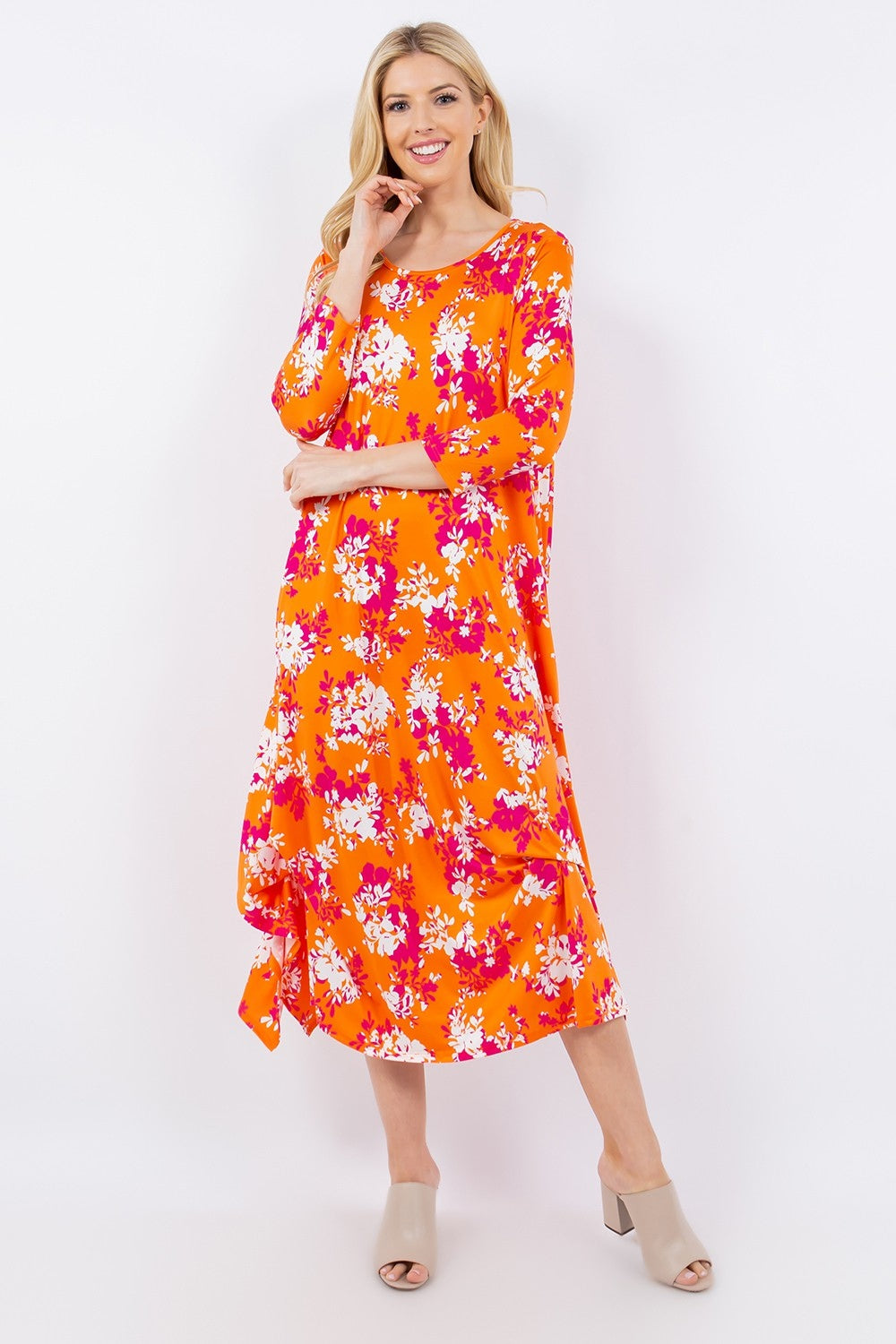 Celeste Full Size Pick-Up Hem Asymmetric Floral Midi Dress Orange Floral Midi Dresses JT's Designer Fashion