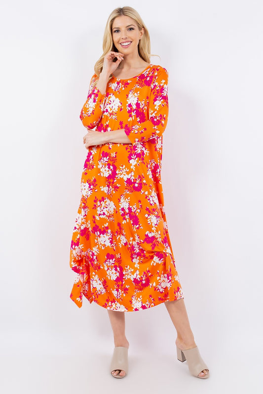 Celeste Full Size Pick-Up Hem Asymmetric Floral Midi Dress Orange Floral Midi Dresses JT's Designer Fashion