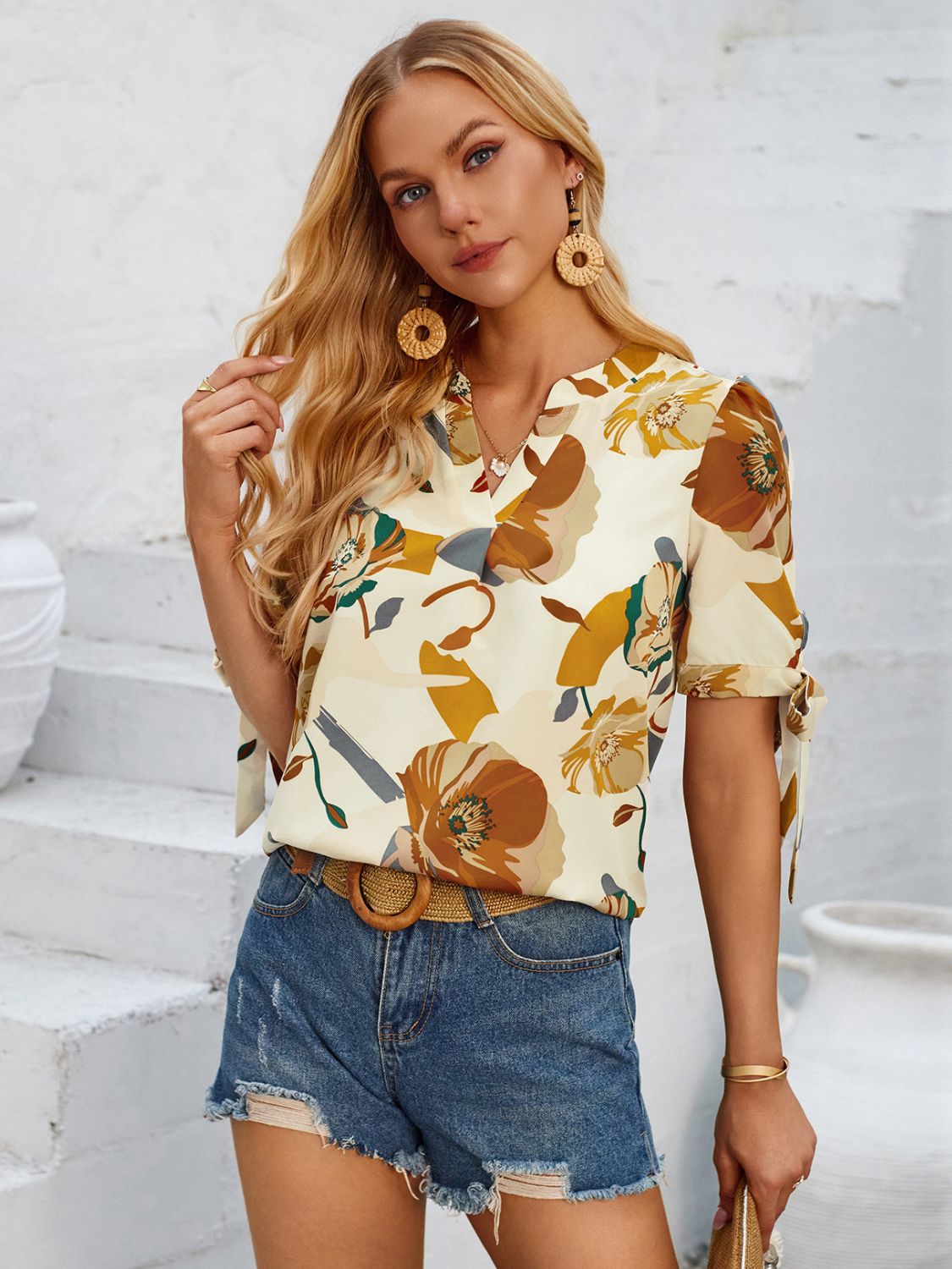 Tied Printed Notched Short Sleeve Blouse Blouses & Shirts JT's Designer Fashion