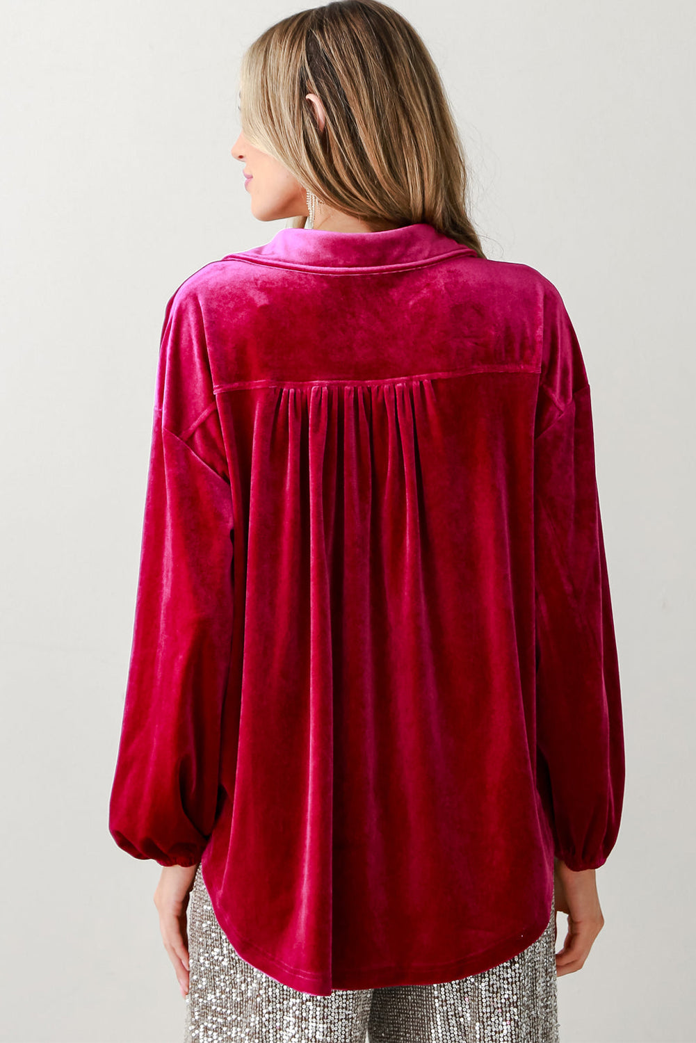 Pitaya Pink Buttoned V Neck Chest Pocket Velvet Shirt Blouses & Shirts JT's Designer Fashion