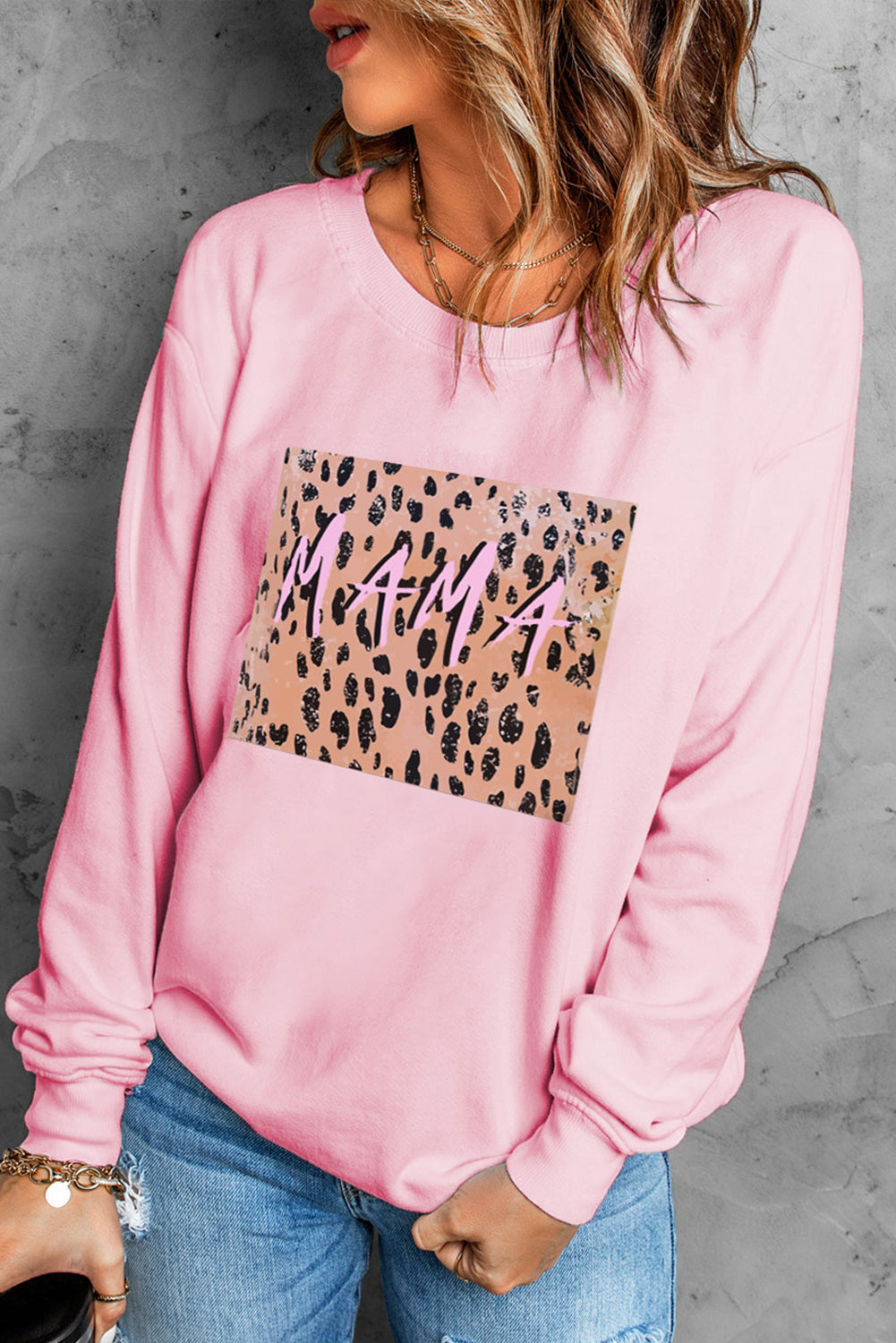 Pink MAMA Leopard Color Block Drop Sleeve Pullover Sweatshirt Graphic Sweatshirts JT's Designer Fashion