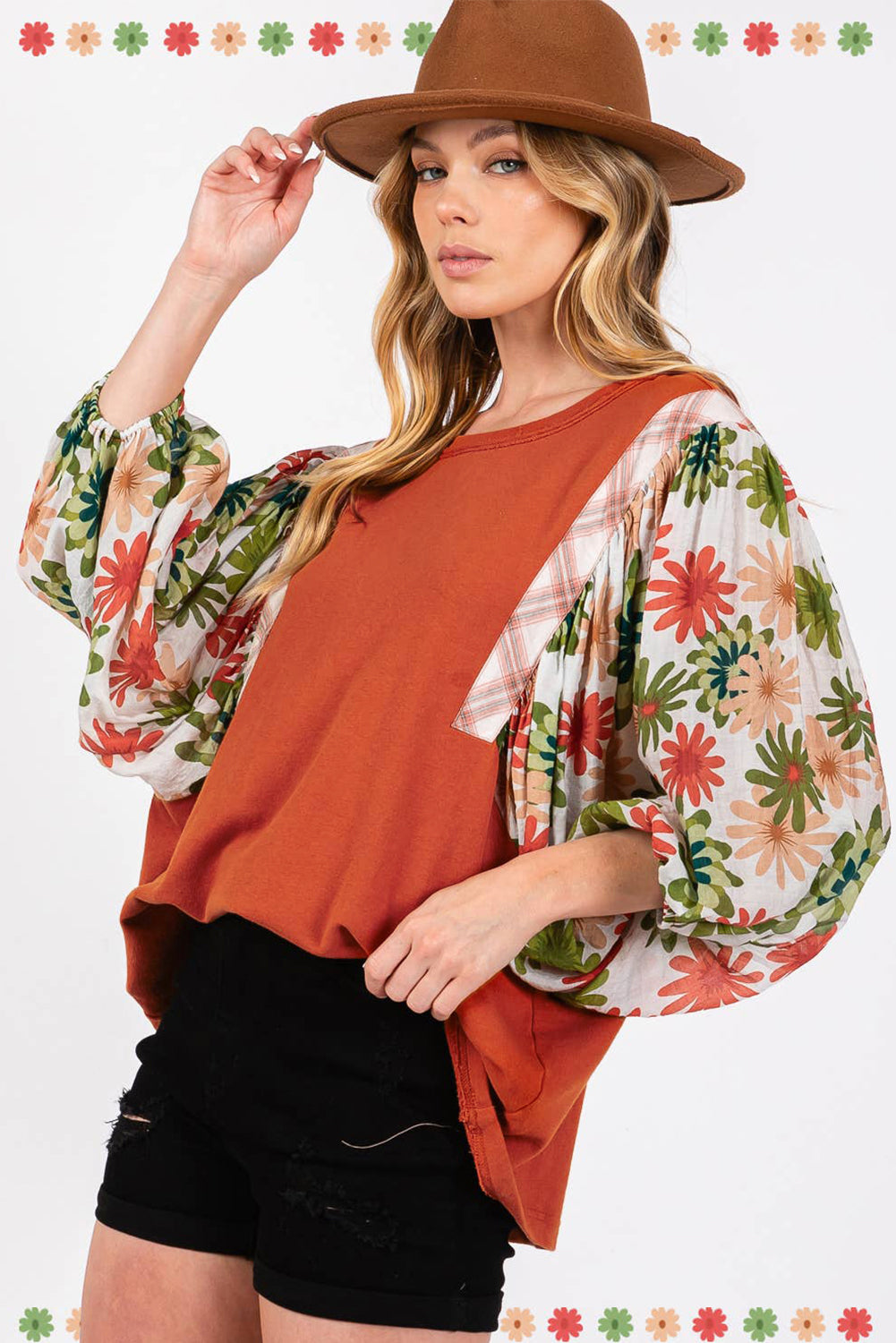 Desert Gold Floral Puff Sleeve Patchwork Round Neck Blouse Blouses & Shirts JT's Designer Fashion