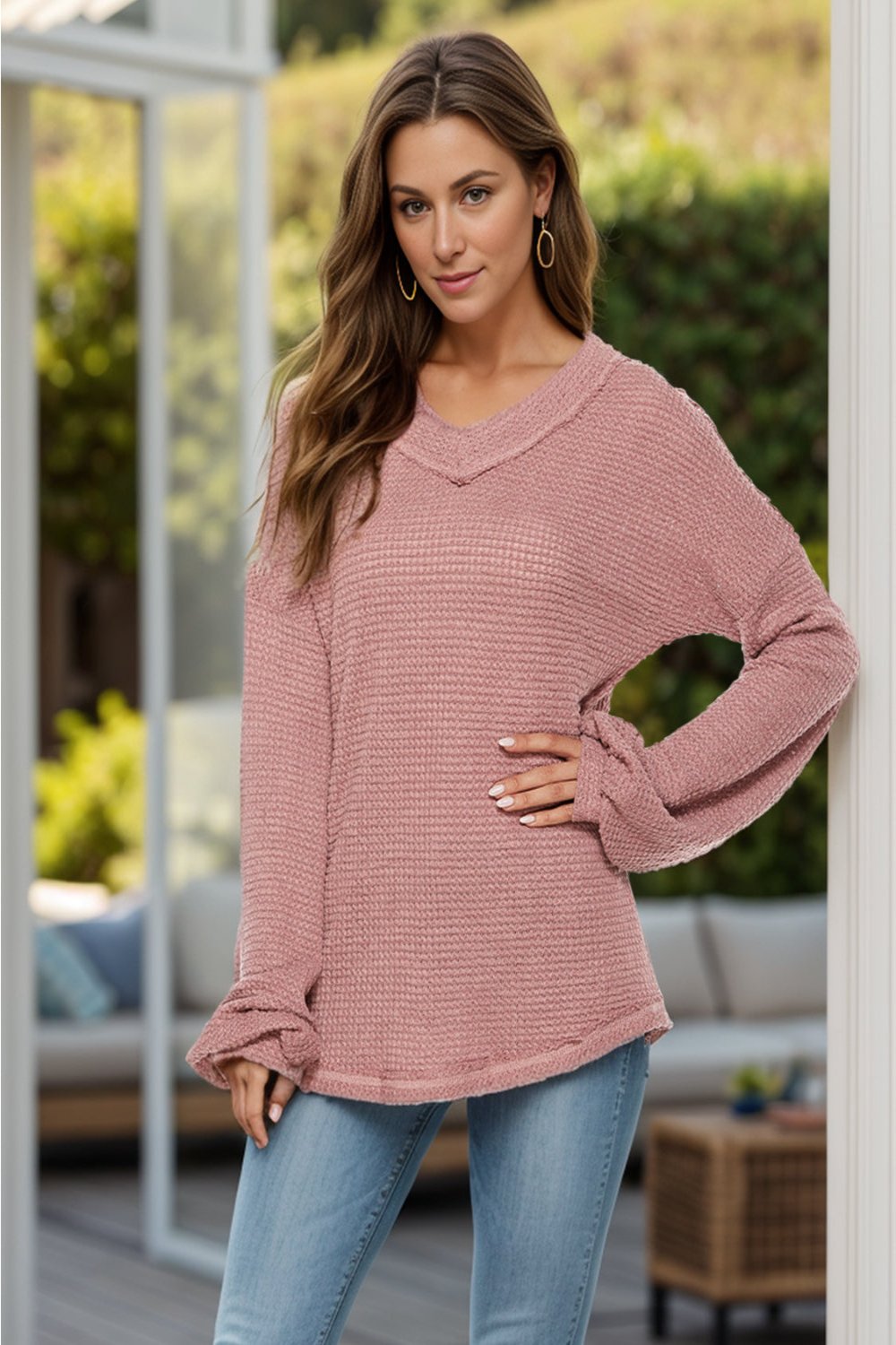 Dropped Shoulder Long Sleeve Knit Top Dusty Pink Long Sleeve Tops JT's Designer Fashion