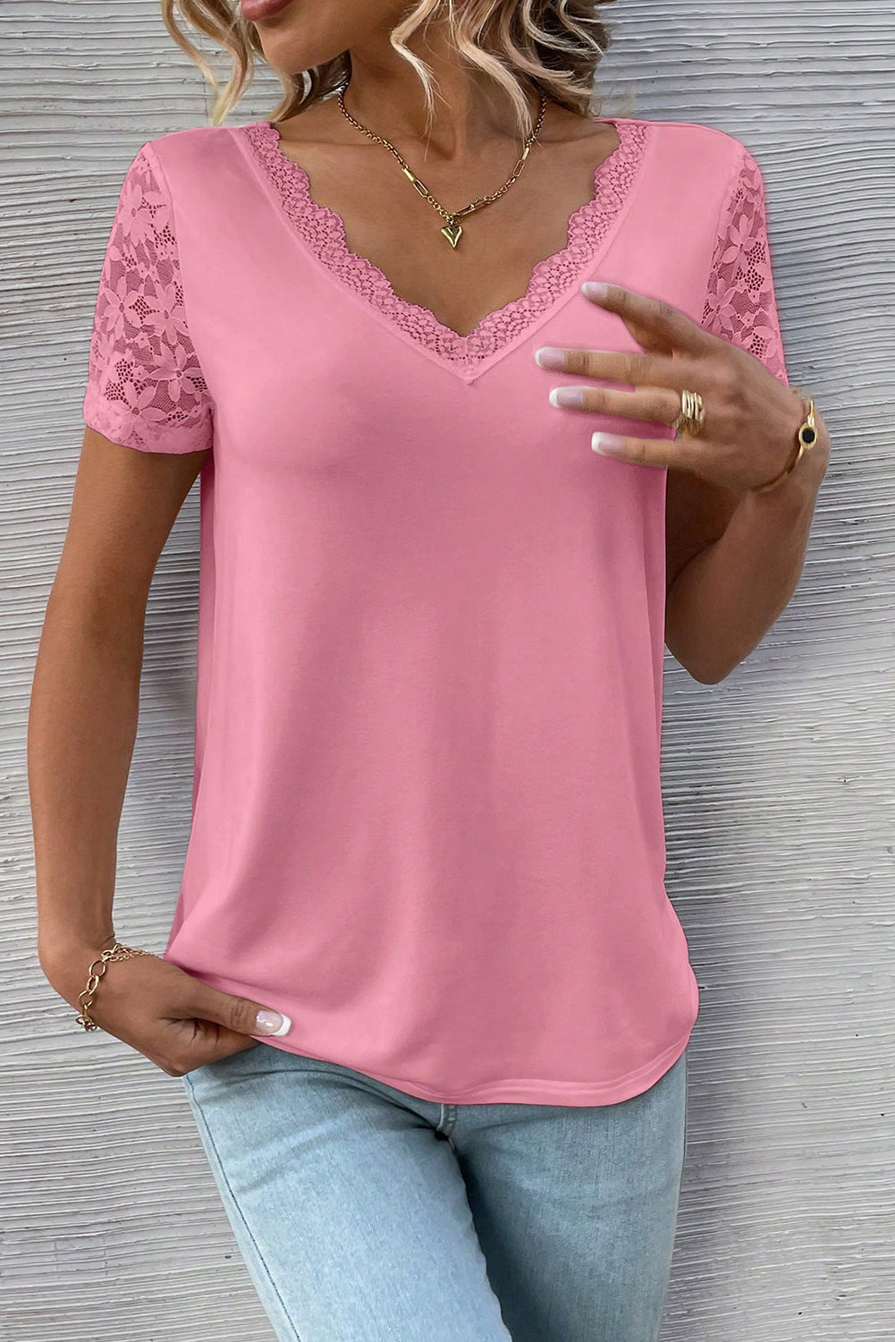 Sachet Pink Contrast Lace V-Neck Patchwork Sleeve Casual T-Shirt Pre Order Tops JT's Designer Fashion