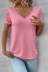 Sachet Pink Contrast Lace V-Neck Patchwork Sleeve Casual T-Shirt Pre Order Tops JT's Designer Fashion