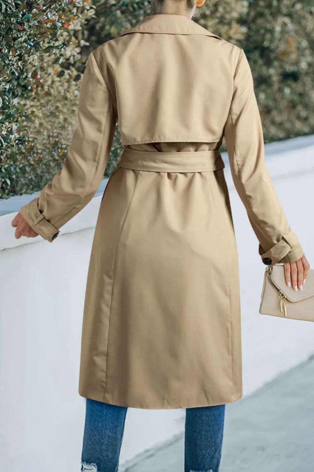 Collared Neck Tie Waist Buttoned Long Sleeve Trench Coat Long Sleeve Tops JT's Designer Fashion