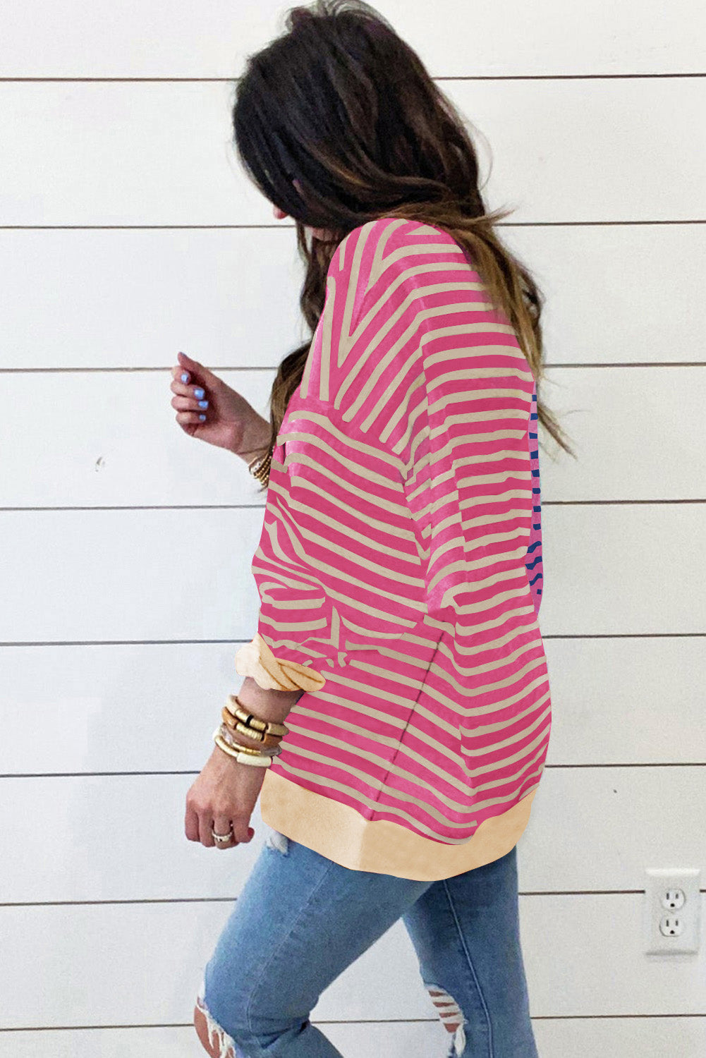 Pink Stripe Casual Stripe Colorblock Drop Shoulder Oversize Sweatshirt Sweatshirts & Hoodies JT's Designer Fashion