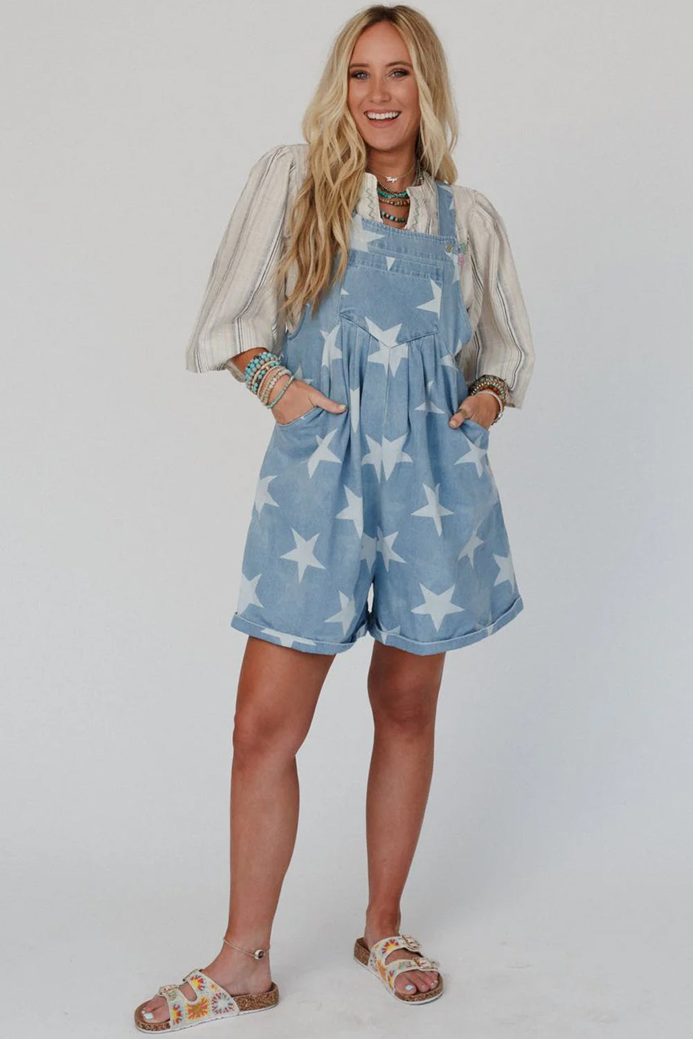 Light Blue Star Printed Buttoned Straps Pocketed Denim Romper Jumpsuits & Rompers JT's Designer Fashion