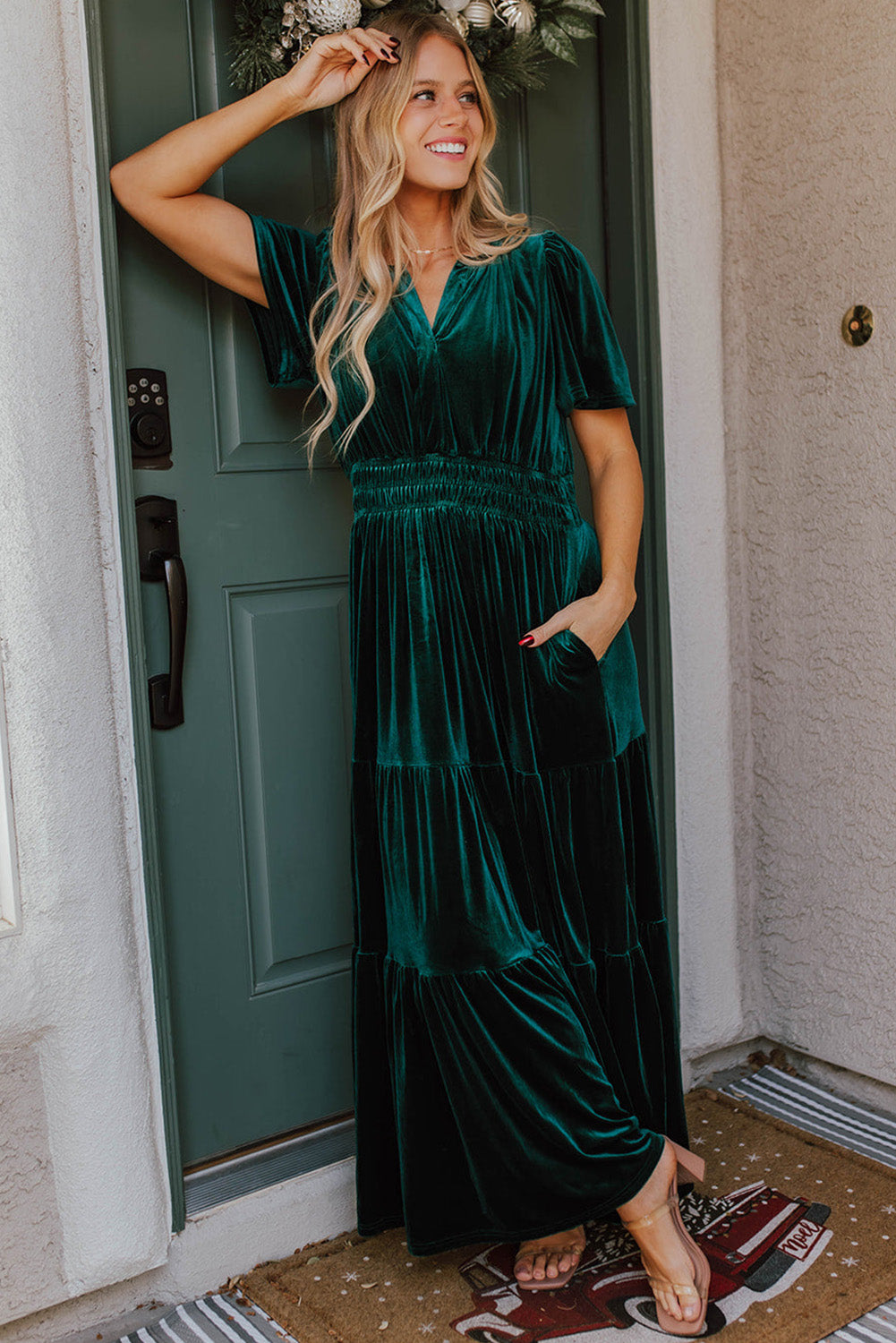 Evergreen Velvet Short Sleeve Shirred Waist Tiered Maxi Dress Maxi Dresses JT's Designer Fashion