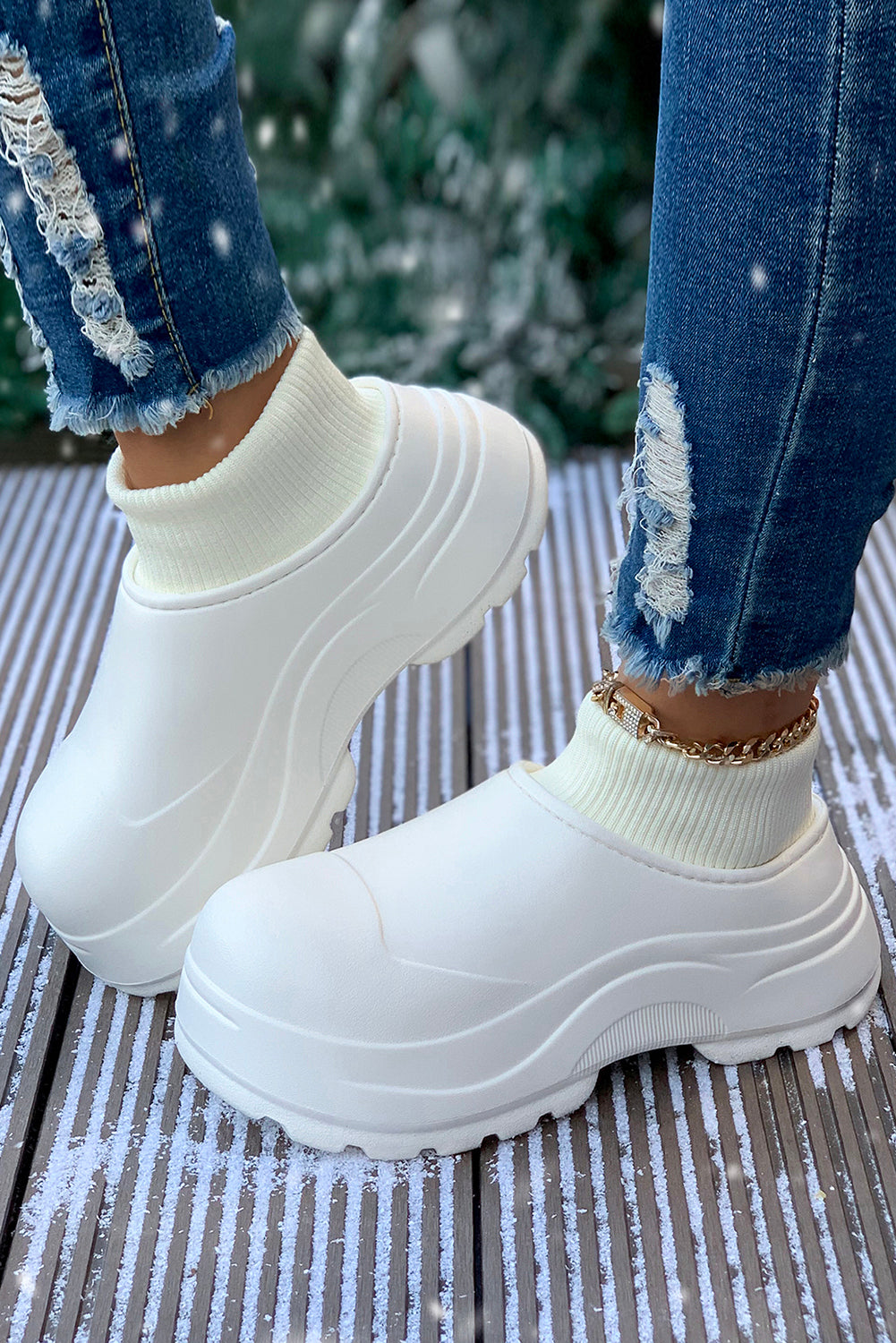 White Waterproof Thick Sole Ribbed Ankle Shoes Women's Shoes JT's Designer Fashion