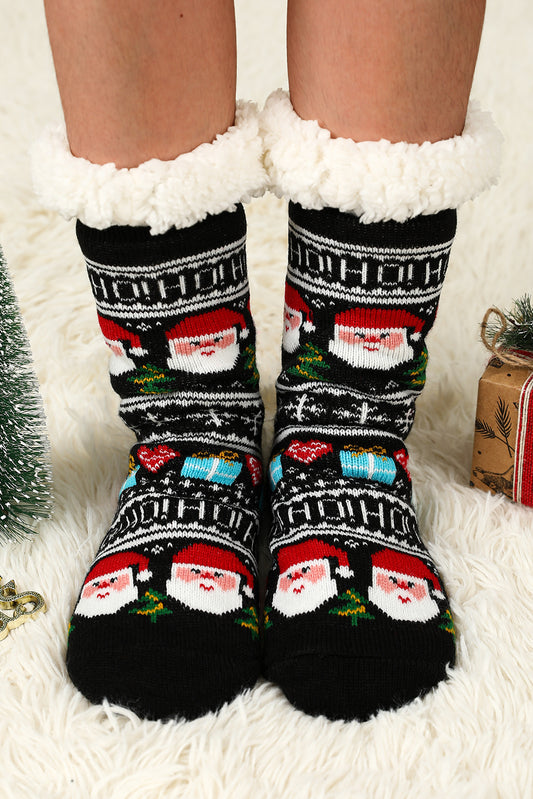 Black Cartoon Santa Claus Christmas Fleece Socks Socks JT's Designer Fashion