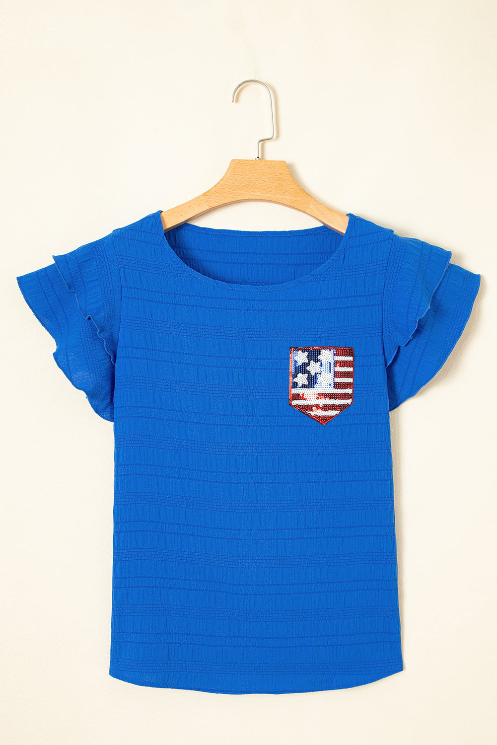 Dark Blue Textured Sequin Stars and Stripes Patched Ruffled Short Sleeve Blouse Blouses & Shirts JT's Designer Fashion