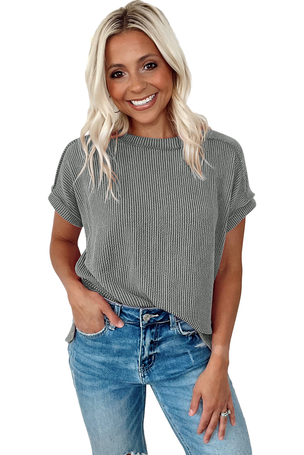 Medium Grey Textured Knit Exposed Stitching T-shirt Tops & Tees JT's Designer Fashion