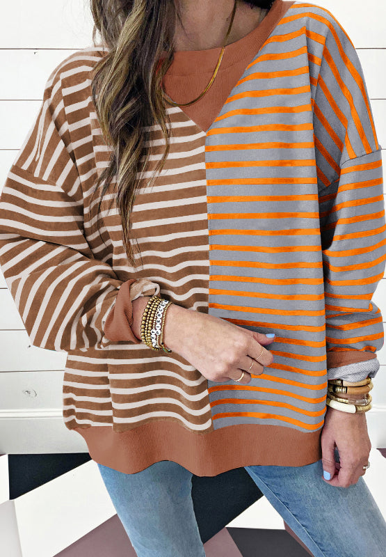 Contrast Striped Round Neck Long Sleeve Sweatshirt Brown Long Sleeve Tops JT's Designer Fashion