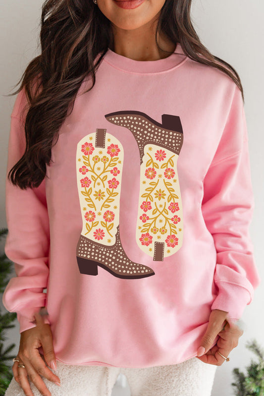 Pink Floral Cowgirl Boots Graphic Drop Shoulder Sweatshirt Pink 50%Polyester+50%Cotton Graphic Sweatshirts JT's Designer Fashion