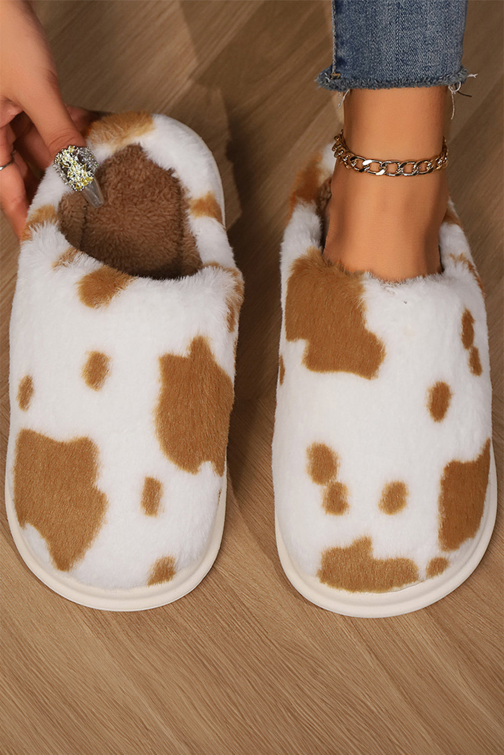 Chestnut Cow Spot Printed Plush Home Slippers Slippers JT's Designer Fashion