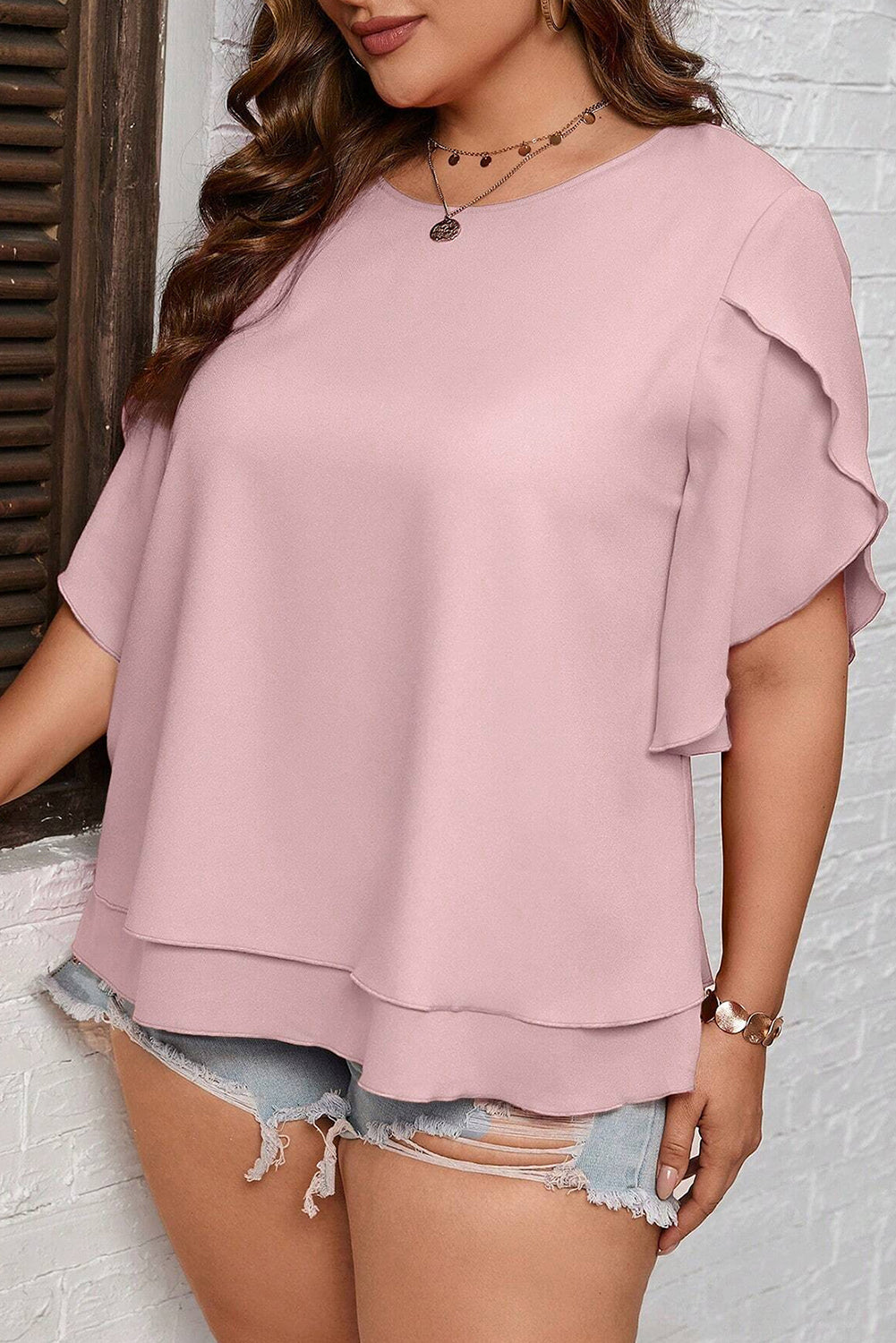 Light Pink Plus Size Frilly Overlap Sleeve Double Layered Blouse Plus Size JT's Designer Fashion