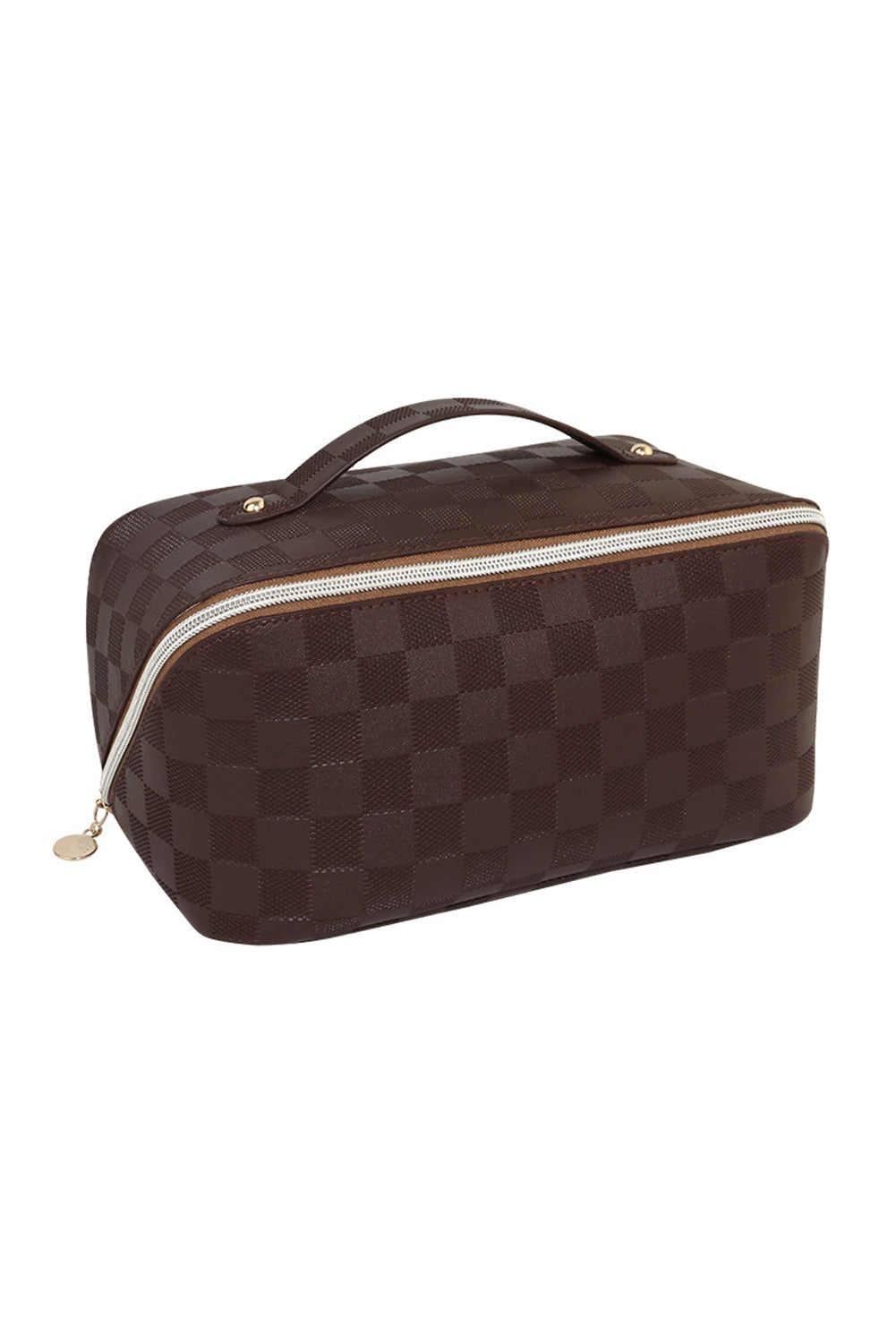 Chestnut Checkered Zipper Handle PU Leather Travel Makeup Bag Makeup Bags JT's Designer Fashion